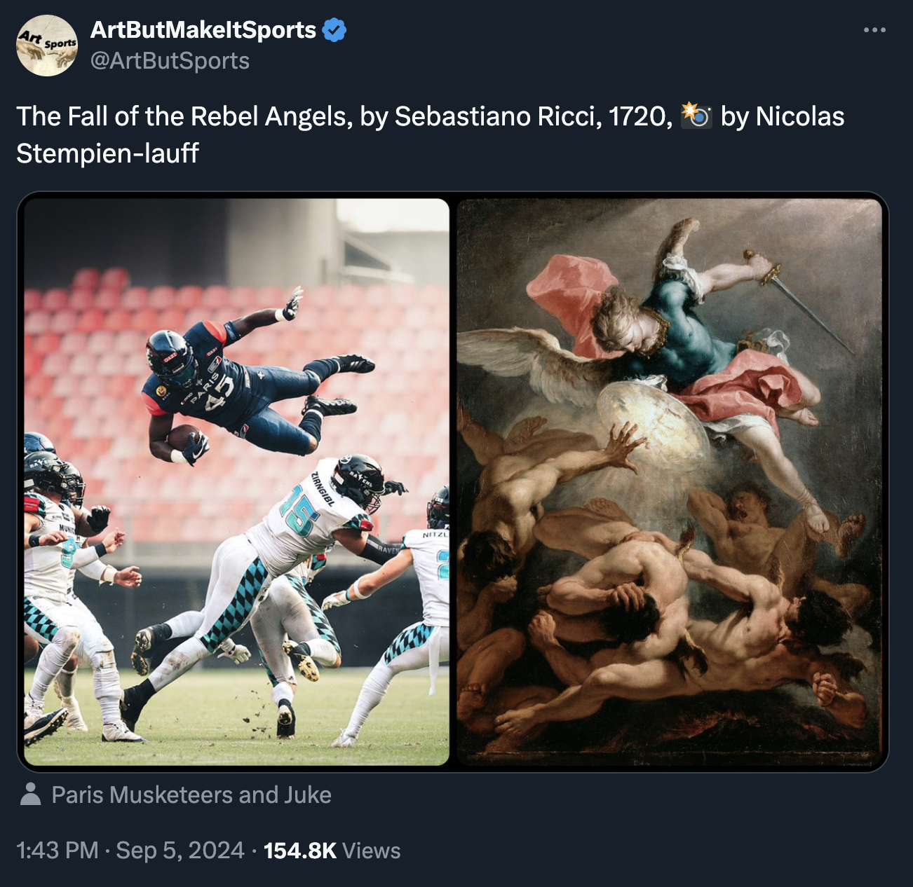 visual arts - Sports ArtButMakeltSports The Fall of the Rebel Angels, by Sebastiano Ricci, 1720, by Nicolas Stempienlauff Paris Musketeers and Juke Views